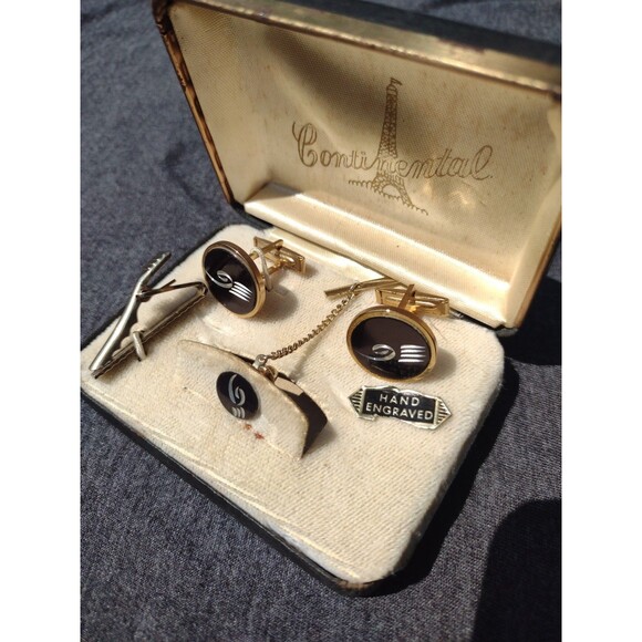 Vintage Continental Hand Engraved Men's Gold & Black Cufflinks Set - Cuff Links - Picture 4 of 5